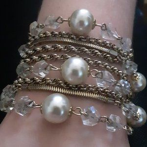Vintage Faux Pearl Clear Beads Multi-Layered Gold Tone Bracelet
